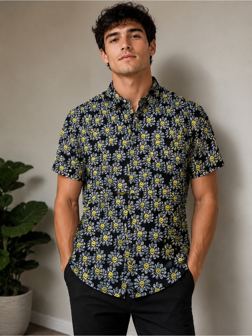 Molokai Surf Co. Smiley Daisy Button-Up Shirt Men’s Medium Black Short Sleeve